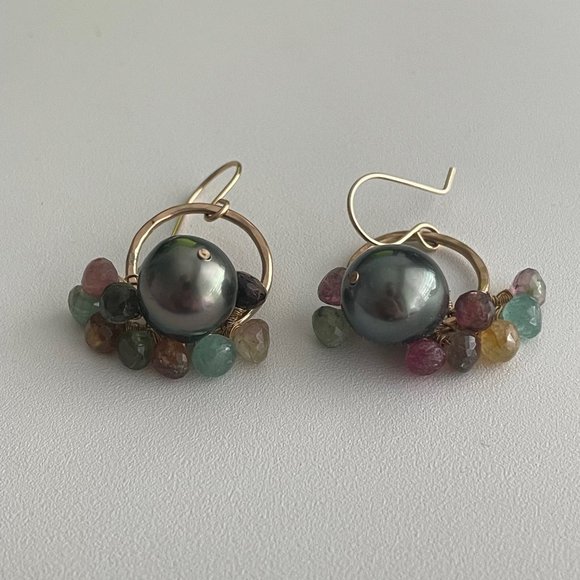 Handmade Tahitian Pearl and Tourmaline Cluster Earrings - Picture 5 of 5